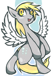 Size: 496x702 | Tagged: safe, artist:moyamoya kuroi, character:derpy hooves, species:pony, abstract background, bipedal, colored pupils, female, mare, pixiv, solo, spread wings, wings