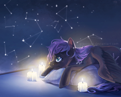 Size: 2700x2166 | Tagged: safe, artist:graypaint, oc, oc only, oc:starry night, species:pegasus, species:pony, candle, constellation, pillow, solo, stars
