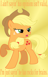 Size: 1050x1680 | Tagged: safe, artist:nova225, artist:peachspices, character:applejack, species:earth pony, species:pony, fanfic:past sins, fanfic, female, mare, quote, simple background, solo, transparent background, vector, yellow background