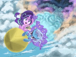 Size: 2224x1668 | Tagged: safe, artist:hananpacha, character:starlight glimmer, character:trixie, species:pony, species:unicorn, cloud, duo, female, happy, incoming, looking at you, mare, rocket, sky, smiling, smoke, toy interpretation, trixie's rocket