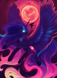 Size: 900x1238 | Tagged: safe, artist:creamy_roux, character:princess luna, species:alicorn, species:pony, blood moon, color porn, eyestrain warning, female, full moon, glowing eyes, mare, moon, signature, solo, spread wings, wings