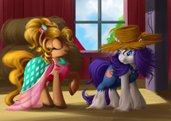 Size: 4092x2893 | Tagged: safe, artist:ailatf, character:applejack, character:rarity, species:earth pony, species:pony, species:unicorn, episode:simple ways, g4, my little pony: friendship is magic, absurd resolution, applejewel, barn, clothing, dress, duo, eyes closed, female, hat, looking back, mare, overalls, rarihick, scene interpretation, smiling, straw hat, unshorn fetlocks