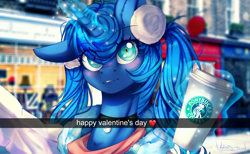 Size: 4494x2773 | Tagged: safe, artist:lunastyczna, character:princess luna, species:alicorn, species:pony, alternate hairstyle, blurred background, clothing, coat, digital art, earmuffs, female, glowing horn, heart, high res, holiday, looking at you, magic, mare, pigtails, selfie, signature, smiling, snapchat, solo, starbucks, valentine's day