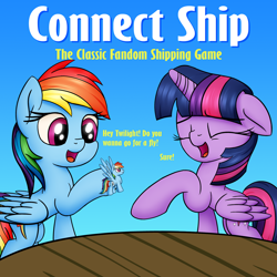 Size: 1240x1240 | Tagged: safe, artist:squeaky-belle, character:rainbow dash, character:twilight sparkle, character:twilight sparkle (alicorn), species:alicorn, species:pegasus, species:pony, ship:twidash, blue background, connect four, duo, eyes closed, female, figurine, floppy ears, gradient background, happy, hoof hold, lesbian, mare, meme, open mouth, ponified, pony girl, raised hoof, shipper on deck, shipping, simple background, smiling, spread wings, table, text, toy, wings