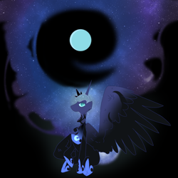 Size: 1000x1000 | Tagged: safe, artist:lunar-march, character:nightmare moon, character:princess luna, species:alicorn, species:pony, looking up, moon, shrunken pupils, sitting, slit eyes, solo, spread wings, transformation, wings