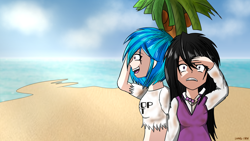 Size: 1600x900 | Tagged: safe, artist:linlaifeng, character:dj pon-3, character:octavia melody, character:vinyl scratch, species:human, a tropical octav3, anime, beach, cloud, female, humanized, island, music, ocean, palm tree, song, sun, tree