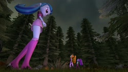 Size: 2000x1125 | Tagged: safe, artist:jeroen01, character:adagio dazzle, character:aria blaze, character:sonata dusk, my little pony:equestria girls, 3d, boots, boyshorts, clearing, clothing, forest, giantess, legs, lidded eyes, macro, panties, pigtails, ponytail, purple underwear, request, skirt, source filmmaker, the dazzlings, twintails, underwear, upskirt