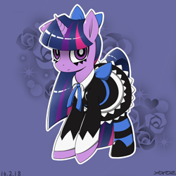 Size: 2272x2272 | Tagged: safe, artist:yorozpony, character:twilight sparkle, character:twilight sparkle (unicorn), species:pony, species:unicorn, anarchy stocking, anime, clothing, costume, crossover, dress, female, horn, looking at you, mare, panty and stocking with garterbelt, shoes, skirt, socks, solo, stockings, striped socks, striped stockings, thigh highs