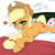 Size: 2272x2272 | Tagged: safe, artist:yorozpony, character:applejack, species:earth pony, species:pony, g4, bed, bedroom eyes, blep, clothing, cowboy hat, cute, female, hat, heart, jackabetes, japanese, lidded eyes, looking at you, lying down, mare, pillow, prone, solo, stetson, tongue out