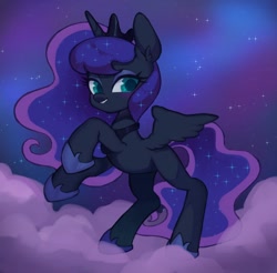 Size: 1200x1182 | Tagged: safe, artist:ikirunosindo, character:princess luna, species:alicorn, species:pony, female, horn, jewelry, looking at you, mare, night, raised hoof, sky, solo, stars, tiara, wings