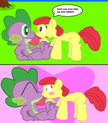 Size: 1032x1179 | Tagged: safe, alternate version, artist:tagman007, character:apple bloom, character:spike, ship:spikebloom, apple bloom's bow, blank flank, blushing, bow, cute, female, grass, hair bow, heart, kiss on the lips, kissing, love, male, shipping, straight