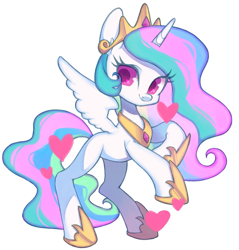 Size: 1797x1876 | Tagged: safe, artist:ikirunosindo, character:princess celestia, chibi, cute, cutelestia, female, heart, looking at you, missing cutie mark, rearing, simple background, smiling, solo, white background