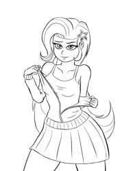 Size: 700x900 | Tagged: safe, artist:artattax, character:trixie, my little pony:equestria girls, black and white, female, grayscale, lineart, long hair, looking at you, monochrome, simple background, solo, undressing, white background