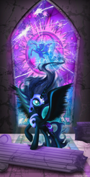 Size: 1696x3333 | Tagged: safe, artist:giuliabeck, character:nightmare moon, character:princess luna, species:alicorn, species:pony, female, mare, ruins, solo, spread wings, stained glass, wings