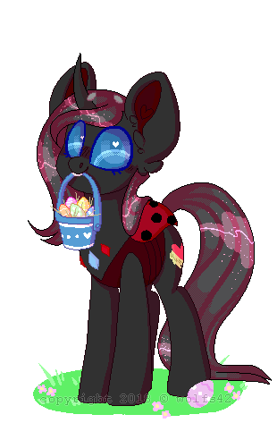 Size: 310x473 | Tagged: safe, artist:wolfs42, oc, oc only, oc:savvy, species:changeling, species:reformed changeling, animated, basket, blinking, changedling oc, changeling oc, commission, cute, dark changedling, easter, easter egg, egg, heart eyes, holiday, mouth hold, pixel art, simple background, solo, transparent background, wingding eyes, ych result