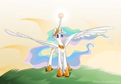 Size: 1300x900 | Tagged: safe, artist:keyfeathers, character:princess celestia, species:alicorn, species:pony, big wings, crown, female, hoof shoes, jewelry, mare, regalia, solo, spread wings, sun, wings