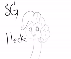 Size: 6000x5000 | Tagged: safe, artist:sunlightgryphon, derpibooru original, character:pinkie pie, species:earth pony, species:pony, absurd resolution, female, heck, impossibly long neck, lineart, long neck, looking at you, mare, monochrome, open mouth, simple background, solo, text, wat, white background