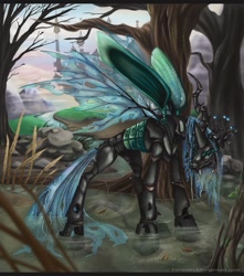 Size: 910x1028 | Tagged: safe, artist:keyfeathers, character:queen chrysalis, species:changeling, canterlot, changeling queen, fangs, female, frown, realistic, signature, solo, standing, swamp