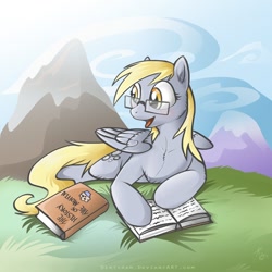 Size: 900x900 | Tagged: safe, artist:keyfeathers, character:derpy hooves, species:pegasus, species:pony, book, female, glasses, mare, muffin, prone, smiling, solo, underp