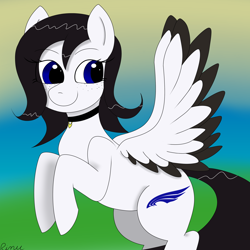 Size: 3000x3000 | Tagged: safe, artist:rarityismywaifu, oc, oc:lamika, species:pegasus, species:pony, choker, female, flying, freckles, mare, smiling, solo