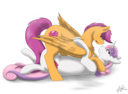 Size: 1033x759 | Tagged: safe, artist:scarletsfeed, character:scootaloo, character:sweetie belle, species:pegasus, species:pony, species:unicorn, ship:scootabelle, female, lesbian, looking at each other, mare, older, older scootaloo, older sweetie belle, shipping, smiling