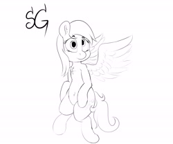 Size: 6000x5000 | Tagged: safe, artist:sunlightgryphon, derpibooru original, character:derpy hooves, species:pegasus, species:pony, absurd resolution, belly button, chest fluff, ear fluff, flying, monochrome
