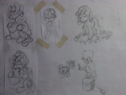 Size: 4160x3120 | Tagged: safe, artist:awesometheweirdo, character:sweetie belle, oc, oc:anon, cute, kid anon, ponies eating meat, sketch, sketch dump, traditional art