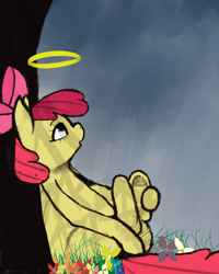 Size: 1200x1500 | Tagged: safe, artist:voloutfelixsit, character:apple bloom, species:earth pony, species:pony, angel, colored, colored pupils, death, female, filly, flower, halo, mare, nature, simple background, solo, tree, tree branch