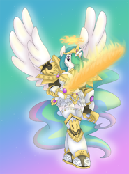 Size: 700x944 | Tagged: safe, artist:akuoreo, character:princess celestia, species:alicorn, species:anthro, species:pony, armor, crown, cutie mark, empress, ethereal mane, female, fire, flaming sword, flowing mane, flowing tail, god empress of ponykind, god-emperor of mankind, gradient background, halo, horn, jewelry, mare, multicolored hair, power armor, powered exoskeleton, praise the sun, purple eyes, regalia, royalty, solo, sparkles, sword, tiara, warhammer (game), warhammer 40k, warrior celestia, weapon, wings