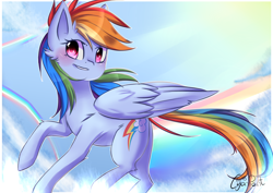 Size: 4092x2893 | Tagged: safe, artist:wolfchen999, character:rainbow dash, species:pony, cloud, female, flying, mare, multicolored hair, smiling, solo, speedpaint available