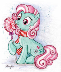 Size: 783x922 | Tagged: safe, artist:nancyksu, character:minty, candy, candy cane, clothing, cute, food, mintabetes, scarf, traditional art