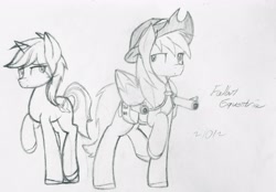 Size: 2661x1851 | Tagged: safe, artist:fanliterature101, oc, oc:calamity, oc:velvet remedy, species:pegasus, species:pony, species:unicorn, fallout equestria, battle saddle, black and white, clothing, cutie mark, dashite, fanfic, fanfic art, female, grayscale, gun, hat, hooves, horn, male, mare, monochrome, rifle, simple background, stallion, traditional art, weapon, white background, wings