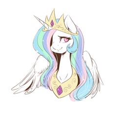 Size: 600x600 | Tagged: safe, artist:grimbloody, character:princess celestia, species:alicorn, species:pony, bust, female, hair over one eye, jewelry, mare, necklace, portrait, regalia, simple background, smiling, solo, tiara, white background