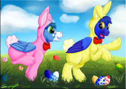 Size: 2500x1767 | Tagged: safe, artist:saxpony, oc, oc:mix-up, oc:skaj, species:pegasus, species:pony, animal costume, bow tie, bunny costume, clothing, costume, easter, easter egg, holiday, male, meadow, stallion