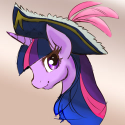Size: 2400x2400 | Tagged: safe, artist:grimbloody, edit, character:twilight sparkle, species:alicorn, species:pony, clothing, color, color edit, colored, cute, female, gradient background, hat, looking at you, mare, pirate hat, solo, wip