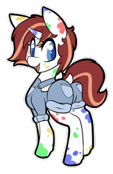 Size: 1300x2000 | Tagged: safe, artist:billysan727, oc, oc only, oc:speckled smock, species:pony, species:unicorn, butt, clothing, dock, female, freckles, looking at you, mare, meme, open mouth, overalls, paint on fur, plot, simple background, smiling, solo, transparent background
