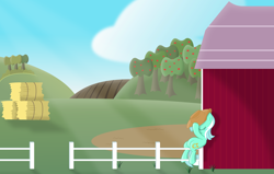Size: 5742x3650 | Tagged: safe, artist:kopcap94, character:lyra heartstrings, species:pony, apple tree, barn, clothing, cowboy hat, female, fence, hat, hay bale, high res, meme, sitting, sitting lyra, solo, tree, vector