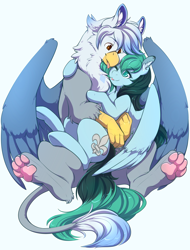 Size: 1600x2100 | Tagged: safe, artist:spazzykoneko, oc, oc only, oc:ganix, oc:liz, species:griffon, species:pegasus, species:pony, arm around neck, beak, blep, cuddling, cute, ear piercing, fluffy, galiz, happy, holding, holding a pony, hug, interspecies, love, paws, piercing, romantic, shipping, silly, size difference, smiling, snuggling, spread wings, squishy cheeks, talons, tongue out, two toned mane, underhoof, underpaw, weapons-grade cute, wings