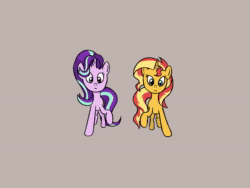 Size: 1440x1080 | Tagged: safe, artist:artattax, character:starlight glimmer, character:sunset shimmer, species:pony, species:unicorn, ship:shimmerglimmer, equestria girls:mirror magic, g4, my little pony: equestria girls, my little pony:equestria girls, spoiler:eqg specials, animated, beanie, clothing, female, frame by frame, hat, holding hands, itchy and scratchy, lesbian, present, shipping, sound, the starlight glimmer show, webm