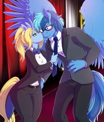 Size: 1800x2100 | Tagged: safe, artist:spazzykoneko, oc, oc:art's desire, oc:umami stale, species:anthro, species:pegasus, species:pony, species:unicorn, blushing, bow tie, clothing, female, glasses, kiss on the cheek, kissing, male, mare, size difference, stallion, suit, theater