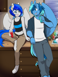 Size: 1600x2100 | Tagged: source needed, safe, artist:spazzykoneko, oc, oc only, oc:sapphire sights, oc:umami stale, species:anthro, species:pegasus, species:pony, species:unguligrade anthro, alcohol, barehoof, beer, beer can, belt, cabinet, clothing, ear piercing, eye contact, eyeshadow, fangs, female, gauges, looking at each other, makeup, male, mare, midriff, pants, party, piercing, red solo cup, shirt, sink, sitting, stallion, tank top