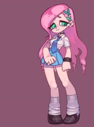 Size: 2606x3520 | Tagged: safe, artist:ikirunosindo, character:fluttershy, species:human, bracelet, clothing, ear piercing, earring, female, humanized, jewelry, leg warmers, looking at you, miniskirt, necktie, piercing, plaid, plaid skirt, pleated skirt, shirt, shoes, simple background, skirt, socks, spiked wristband, wristband