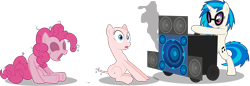 Size: 3998x1374 | Tagged: safe, artist:br-david, artist:dusk2k, artist:shinodage, edit, editor:slayerbvc, character:dj pon-3, character:pinkie pie, character:vinyl scratch, species:earth pony, species:pony, species:unicorn, assisted exposure, bald, bass cannon, bipedal, cartoon physics, cutie mark, female, furless, furless edit, mare, messy mane, nude edit, nudity, pinkie being pinkie, pinkie physics, shaved, shaved tail, simple background, smoke, surprised, this will end in deafness, transparent background, vector, vector edit, wardrobe malfunction
