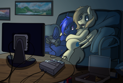 Size: 4561x3060 | Tagged: safe, artist:roy, oc, oc only, oc:fleet wing, oc:neutrino burst, species:hippogriff, species:pegasus, species:pony, controller, couch, cuddling, food, gay, male, pizza, pizza box, snes classic, snes controller, television, video game
