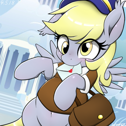 Size: 2375x2375 | Tagged: safe, artist:yorozpony, character:derpy hooves, species:pegasus, species:pony, bag, belly button, blushing, bottomless, clothing, cloudsdale, cute, derpabetes, digital art, ear fluff, eye clipping through hair, female, floppy ears, hat, heart, letter, looking at you, mailbag, mailmare, mailmare hat, mare, messenger bag, mouth hold, rearing, satchel, shirt, signature, smiling, solo, spread wings, uniform, wings