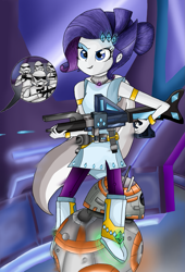 Size: 1095x1610 | Tagged: safe, artist:dsfranch, character:rarity, my little pony:equestria girls, bb-8, blaster, crossover, energy weapon, female, lightsaber, solo, star wars, stormtrooper, weapon