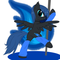 Size: 1024x1024 | Tagged: safe, artist:prism note, oc, oc only, oc:midnight light, species:pegasus, species:pony, female, jewelry, leg warmers, looking at you, looking back, mare, necklace, pole, pole dancing, seductive, simple background, smiling, solo, stripper pole, transparent background