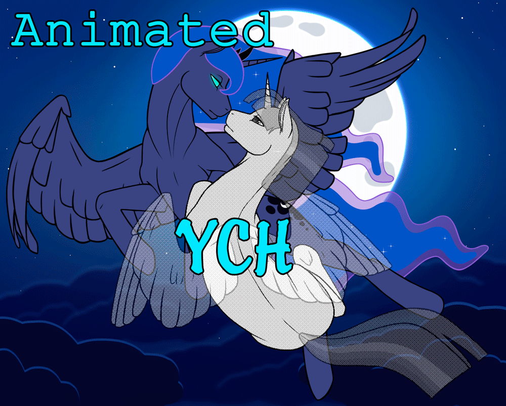 Size: 1000x802 | Tagged: safe, artist:imreer, character:princess luna, animated, commission, flowing mane, flying, gif, moon, your character here