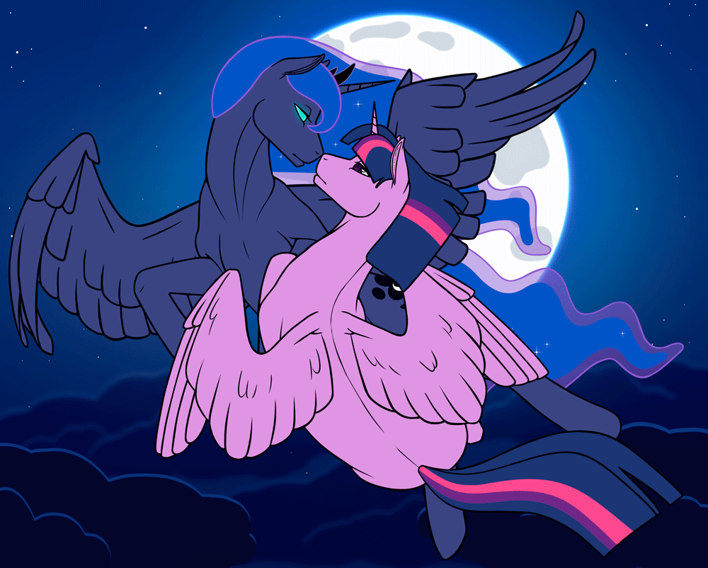 Size: 1000x802 | Tagged: safe, artist:imreer, character:princess luna, character:twilight sparkle, character:twilight sparkle (alicorn), species:alicorn, species:pony, ship:twiluna, animated, ethereal mane, female, flying, galaxy mane, glowing eyes, jewelry, lesbian, looking at each other, mare, missing accessory, moon, night, shipping, spread wings, starry night, tiara, wings