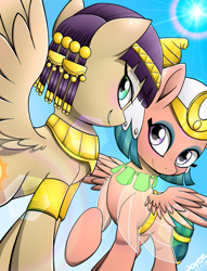 Size: 1855x2432 | Tagged: safe, artist:yorozpony, character:queen cleopatrot, character:somnambula, species:pegasus, species:pony, g4, bedroom eyes, blushing, cute, duo, duo female, egyptian, eyeshadow, female, glowpaz, lens flare, makeup, mare, somnambetes, spread wings, sun, uraeus, veil, wings